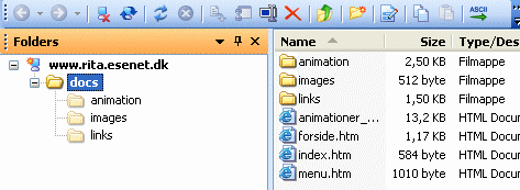N�r mappen docs er �ben, ses roden af webstedet til h�jre p� billedet