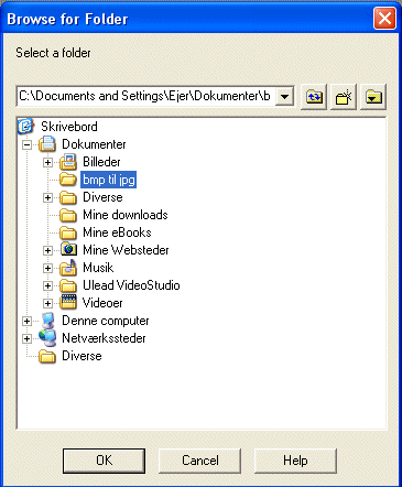 Klik dig frem til den nye mappe, hvis du har oprettet en mappe til de nye billeder, eller v�lg samme mappe som de oprindelige billeder i bmp-formatet ligger
