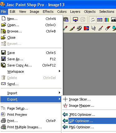 Klik p�: File / Export / Gif optimizer... 