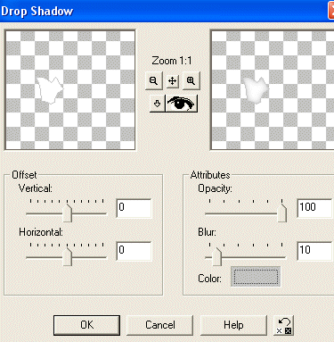 Klik p�: Effects / 3D effects / Drop shadow, og brug disse indstillinger