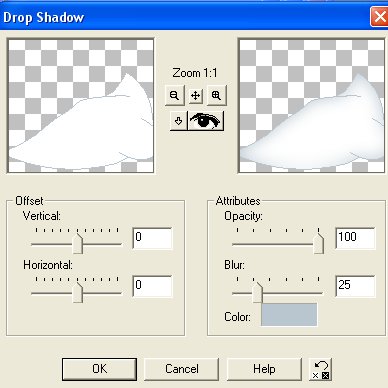 Klik p�: Effects / 3D effects / Drop shadow, og brug disse indstillinger