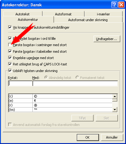 Fjern fluebenet ud for feltet: 'F�rste bogstav i s�tninger med stort'