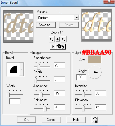 Indstillinger for Inner Bevel - v�lg disse indstillinger