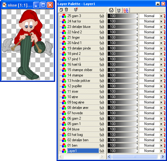 Det f�rdige billede og Layer paletten hvor man kan se alle lagene som billedet best�r af