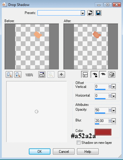 Klik p�: Effects > 3D effects > Drop shadow, og brug disse indstillinger