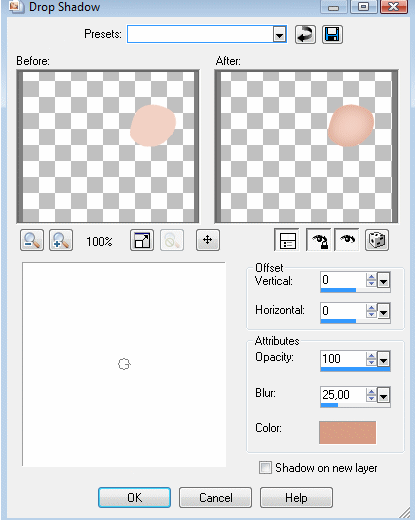 Klik p�: Effects > 3D effects > Drop shadow, og brug disse indstillinger