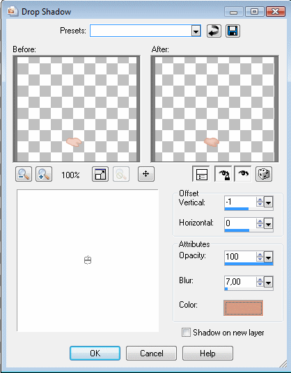 Klik p�: Effects > 3D effects > Drop shadow, og brug disse indstillinger