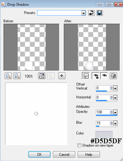 Klik p�: Effects > 3D effects > Drop shadow, og brug disse indstillinger