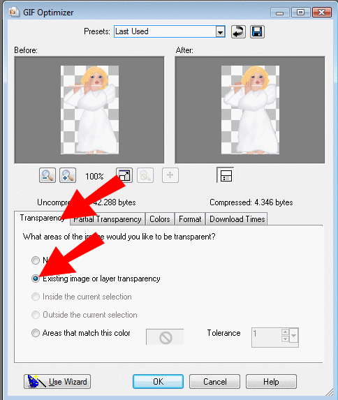 Fanen 'Transparency' er aktiv: S�t et flueben ud for: Existing image or layer transparency.