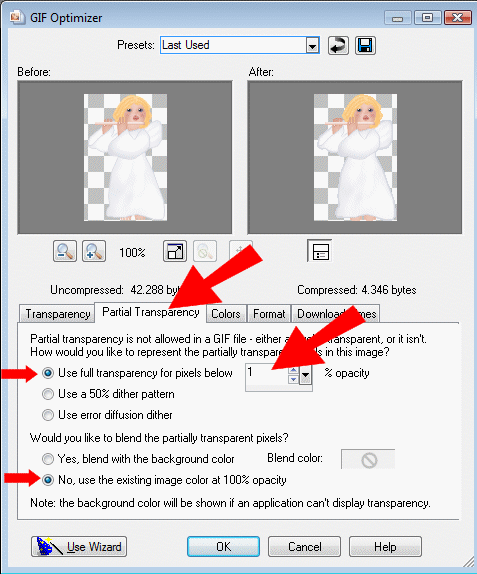 Klik p� fanen 'Partial Transparency', og v�lg disse indstillinger