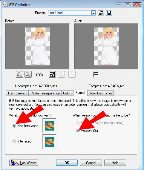Klik p� fanen 'Format' og v�lg disse indstillinger