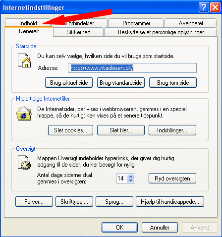 Klik p� fanen Indhold
